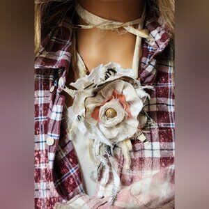 Boho Jabot  Choker Cotton Flower Magnolia/Rose Tie Wrinkled Hand Stitched